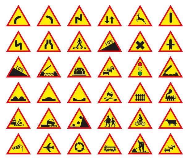 Vector illustration of European warning signs. Artistic image vector illustration isolated on white background.