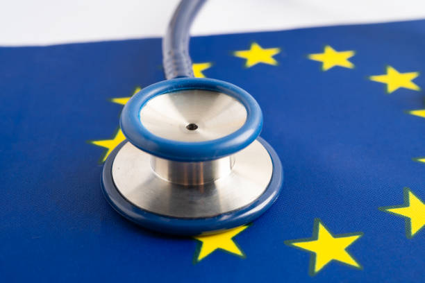 istock Stethoscope on EU flag background, Business and finance concept. 1491297545