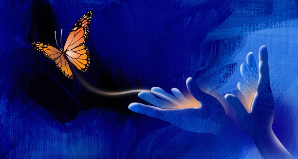 zestaw rąk symboliczny motyl wolny z tłem graficznym szlaku neonowego - butterfly change human hand releasing zdjęcia i obrazy z banku zdjęć