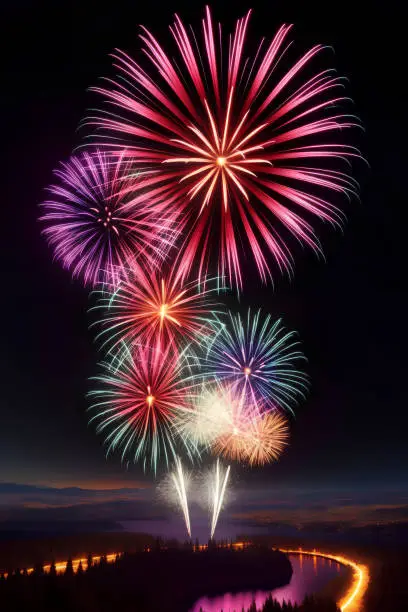 Photo of a fireworks display with multiple colors and fireworkss in the sky