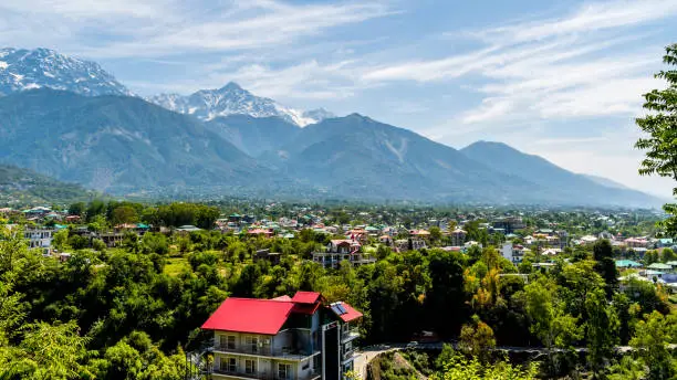 Aerial view of Dharamshala of Himachal Pradesh surrounded by cedar forests and Dhauladhar mountain range