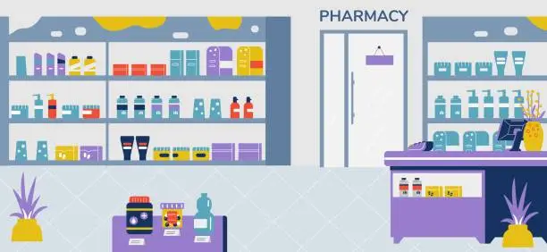 Vector illustration of Empty pharmacy store, flat vector illustration.