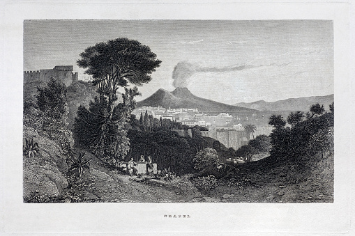 Classical view of Naples and smoking Vesuvius volcano seen from Posillipo with bucolic landscape scene in foreground. Steel engraving published in 1835 in Meyer's Universum vol. 2