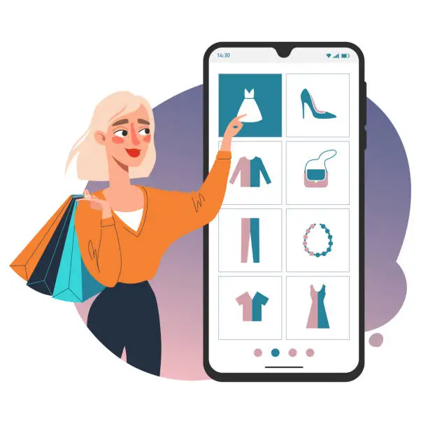 Vector illustration of Young woman makes online purchases using a mobile application on a smartphone