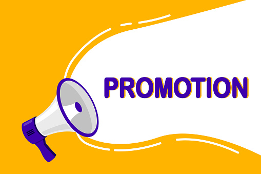 Promotion word in speech bubble. Megaphone vector illustration. Concept of join us, job vacancy and announcement for website and promotion banners. Vector illustration in flat design