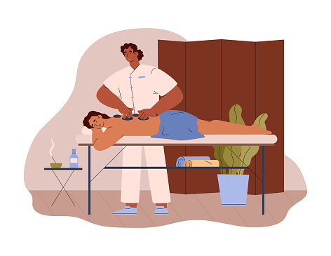 Masseur uses hot stones during massage, spa and relaxation - flat vector illustration isolated on white background. Physiotherapy and alternative medicine. Massage therapist.