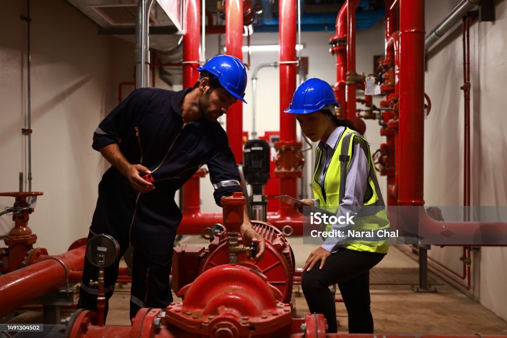 Fire System Assistant System Engineer And Technician Check Fire Extinguishing System Piping ...