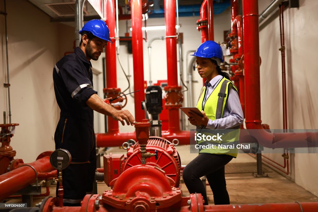 Fire System Engineer System Engineer And Technician Check Fire Extinguishing System Piping ...