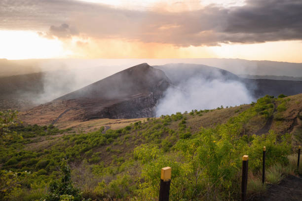 Sunset  over Masaya crater landscape  background. Central america tourism theme