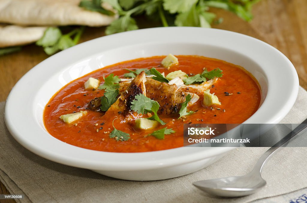 メキシコ風チキンのシチュー、アボカド、コリアンダー - トマトスープのロイヤリティフリーストックフォト