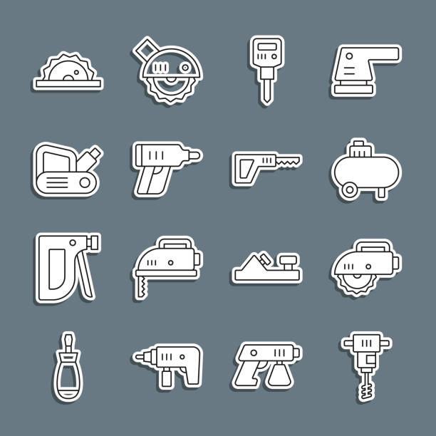 ilustrações de stock, clip art, desenhos animados e ícones de set line electrical hand concrete mixer, circular saw, air compressor, construction jackhammer, cordless screwdriver, planer tool, and reciprocating icon. vector - fuel and power generation air vehicle repairing airplane