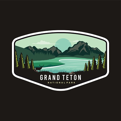Emblem sticker patch illustration of Grand Teton National Park on dark background