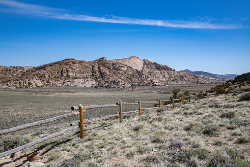 Split Rock mountain in the Granite Mountains of central Wyoming, western USA of North America.  Split Rock was visible in early west days to emigrants for two days or more as they approached and then left it behind. A pony express station was also located at its base.