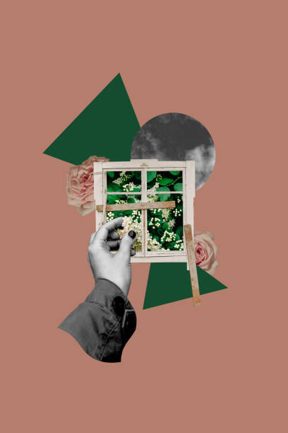 Digital collage. Woman's hand, flowers and window. Pink background. Mixed media.