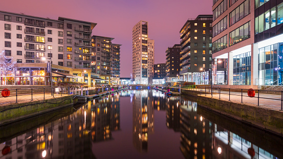 Long exposure shot showing Leeds Dock in Leeds at night, a redeveloped area populated with nice restaurants, shops and apartments. More here: