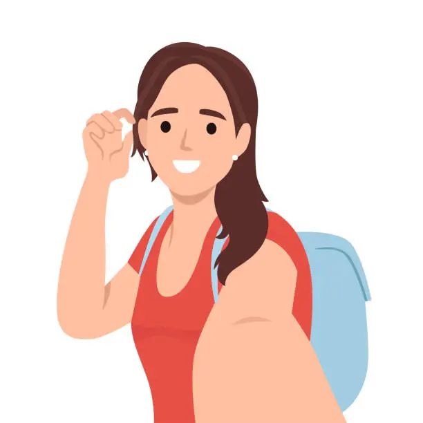 Vector illustration of Woman making selfie. Travel girl with backpack taking selfie. Tourism nature backpacking or trekking