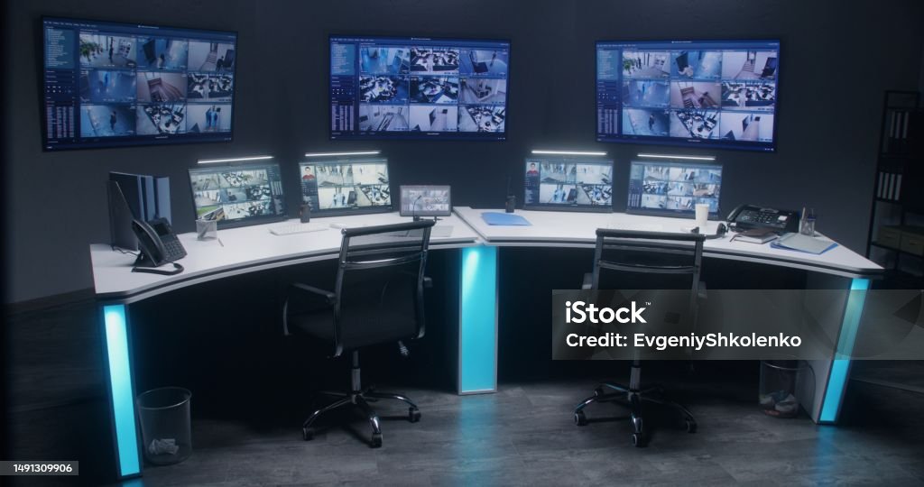 Workspace In Security Control Center With Computers And Big Digital ...