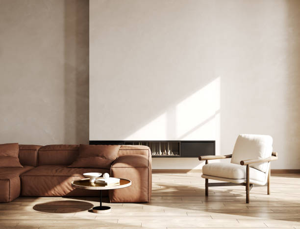istock Modern living room interior mockup with leather sofa, armchair and fireplace, 3d rendering 1491310169
