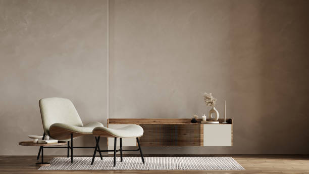 istock Beige contemporary minimalist interior with armchair, blank wall, coffee table and decor. 3d render illustration mockup 1491310182