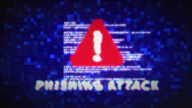 Phishing attack warning. Error alert. Programming code.