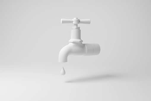 Water tap (faucet) dripping a water droplet with shadow on white background in monochrome. Illustration of the concept of saving water