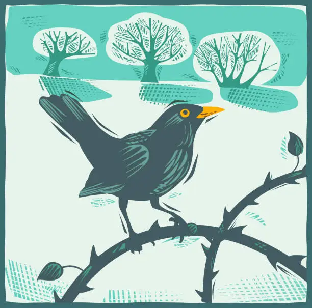 Vector illustration of Countryside scene with Blackbird