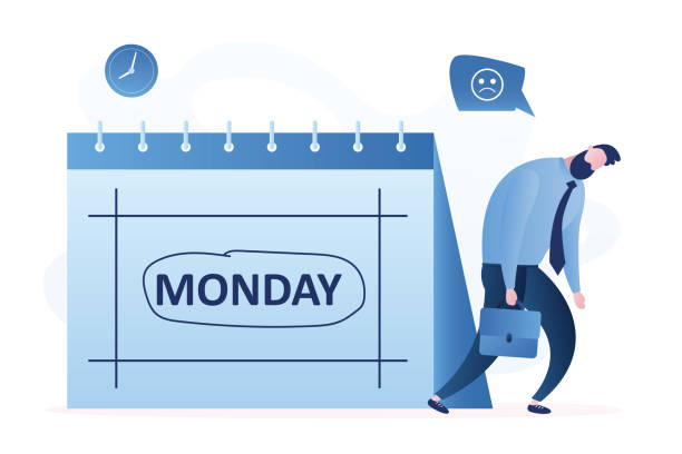 istock Businessman going to work with planner or calendar showing Monday. Sleepy and frustrated white collar on Monday morning. Monday blues 1491313006