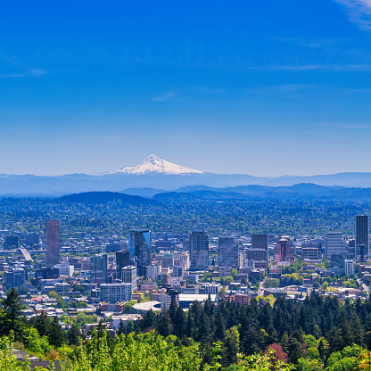 Aerial view of Portland, Oregon take in spring