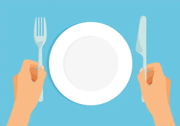 Vector illustration of Empty white plate and hands is holding fork and knife.