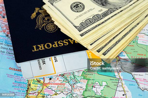 Passport Book And Tickets On A Road Map Stock Photo - Download Image Now - Airplane Ticket, Border - Frame, Currency