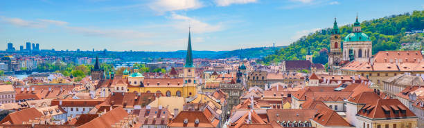 Famous scene, cityscape of Prague, Czech Republic. Tower Church of St. Salvator. Autumn sunny day