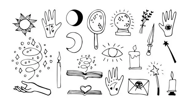 Vector illustration of Doodle vector about esoteric, divination. Hand drawn magic, sun, moon, candles, book and other