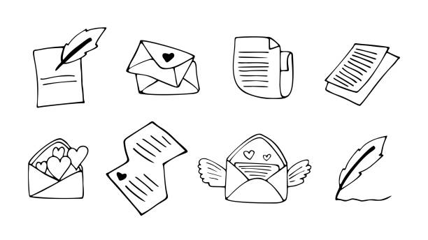 ilustrações, clipart, desenhos animados e ícones de carta de amor doodle bonito, envelope com ícones de coração. ilustração vetorial desenhada à mão. - mail correspondence romance passion