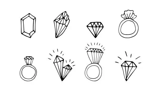 Vector illustration of Hand drawn wedding rings and diamonds collection. Doodle vector illustration.