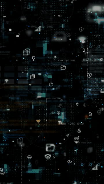 Motion graphic of Blue data matrix simulation digital grid line and ai technology icon with futuristic HUD screen on black abstract background vertical video concept