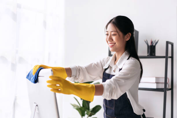 istock Housewife in apron wearing gloves to using microfiber fabric to 1491315174
