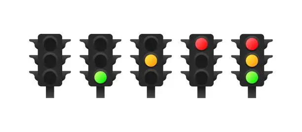 Vector illustration of Traffic light. Flat, color, road traffic lights. Vector icons.