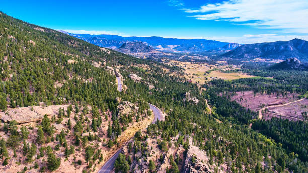istock Road winding through large mountains with pine trees 1491319056
