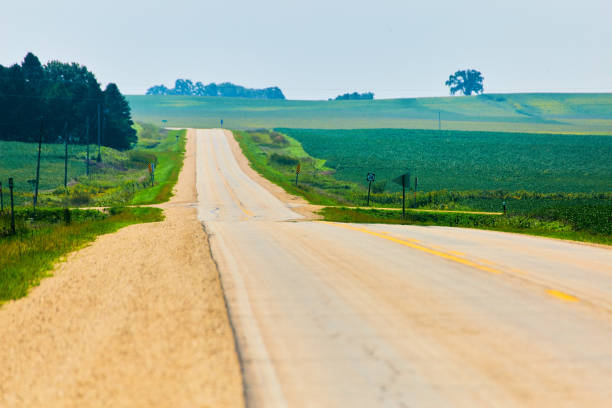 istock Sideview of road leading down to lush green fields 1491320046