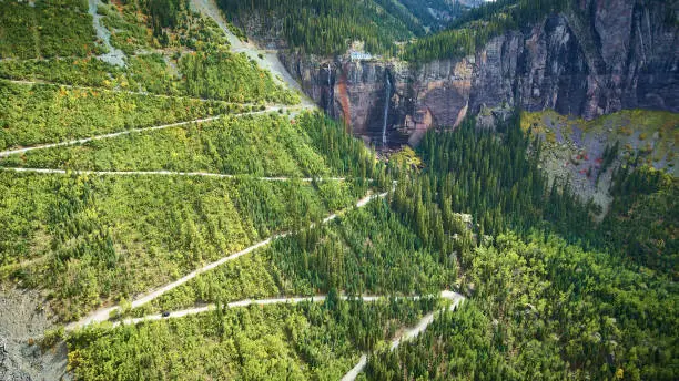 Photo of Small dirt road zig zagging up large mountain face towards waterfalls on cliffs