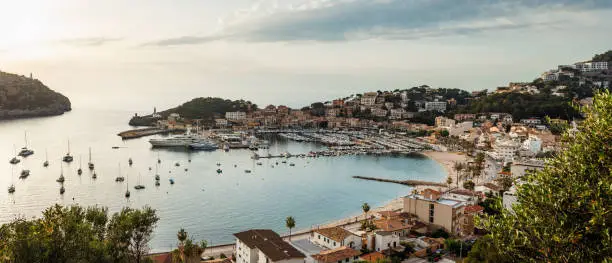 Port de Soller, Mallorca, Spain. Famous old village with bay of sea and beach. Travel destination in Mediterranean sea