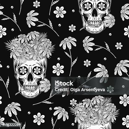 istock Pattern with chamomiles, human skull like cup full of flowers on black background. Skull holding flower between teeth. Groovy hippie retro style For clothing, textile, T-shirts design 1491322289