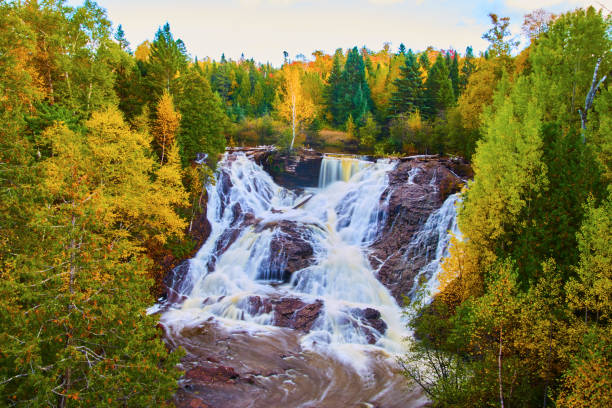 istock Tree rests in middle of a waterfall broken up by a protruding rock with a fall-colored forest and its basin of stone 1491322737
