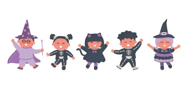 Vector illustration of Halloween kids party. Children in halloween costumes: witch, cat, wizard, skeleton