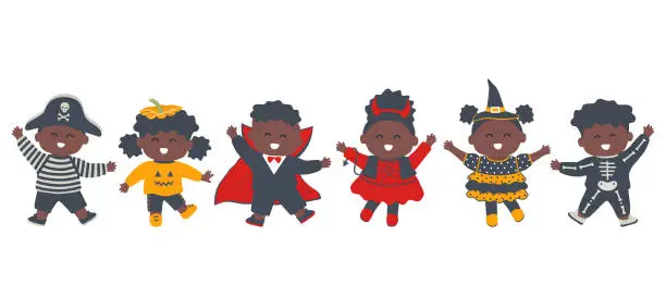 Vector illustration of Halloween kids party. Cute black children dance in halloween costumes