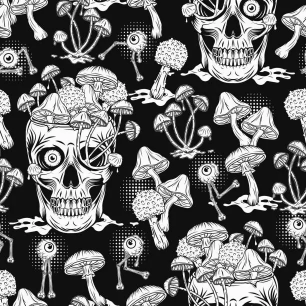 Vector illustration of Pattern with eye monsters, mushrooms, crazy skull without top like cup, bowl, vase full of growing through mushrooms. Fantasy surreal illustration for groovy, hippie, mystical, psychedelic design