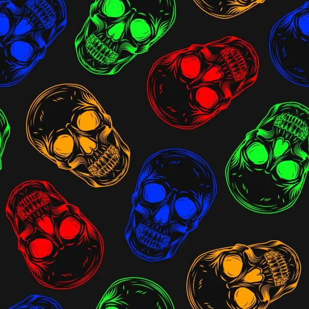 Vector illustration of Pattern with human skulls in bright neon fluorescent colors. Outline inverse illustration for mystical design