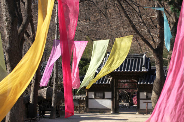 Korean traditional style dyeing fabrics in the air
