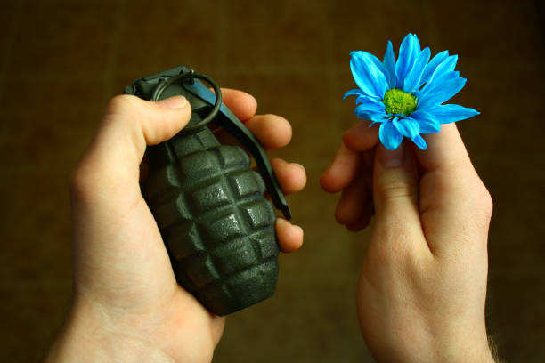 2つの色白の手-1つは手榴弾を持ち、もう1つは青と緑のデイジーを持っています - usa business success earth ストックフォトと画像