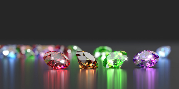 Colorful Gemstones placed on glossy reflection background, 3d rendering soft focus